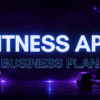 Futuristic fitness app business plan thumbnail with neon gym background, kettlebell and dumbbells, and bold centered title text
