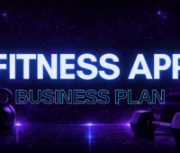 Futuristic fitness app business plan thumbnail with neon gym background, kettlebell and dumbbells, and bold centered title text