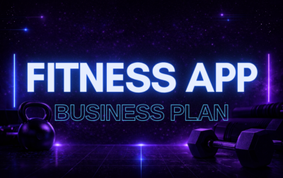 Futuristic fitness app business plan thumbnail with neon gym background, kettlebell and dumbbells, and bold centered title text