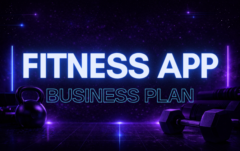 Futuristic fitness app business plan thumbnail with neon gym background, kettlebell and dumbbells, and bold centered title text