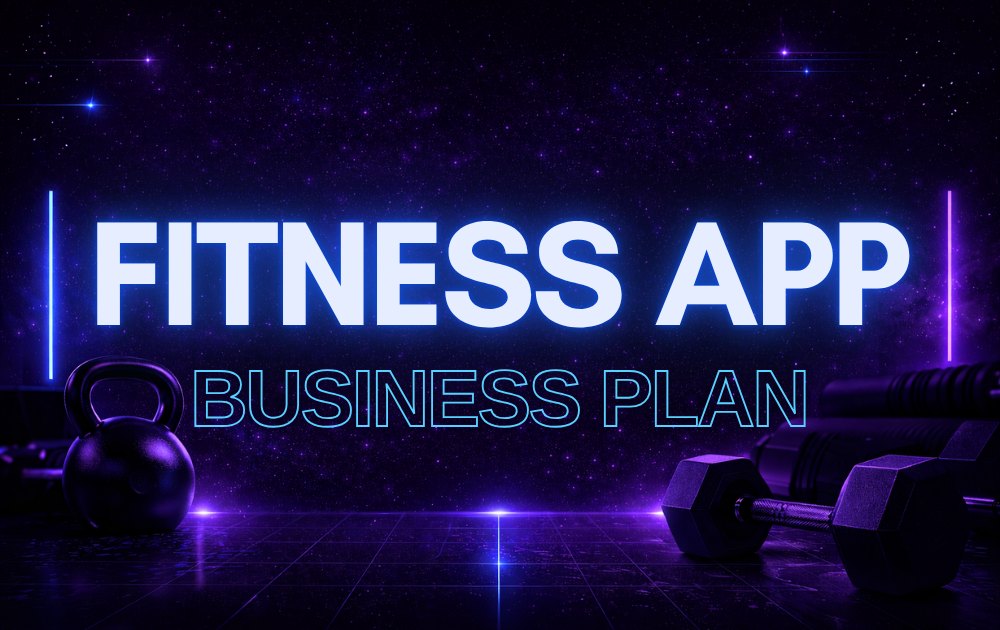 Futuristic fitness app business plan thumbnail with neon gym background, kettlebell and dumbbells, and bold centered title text
