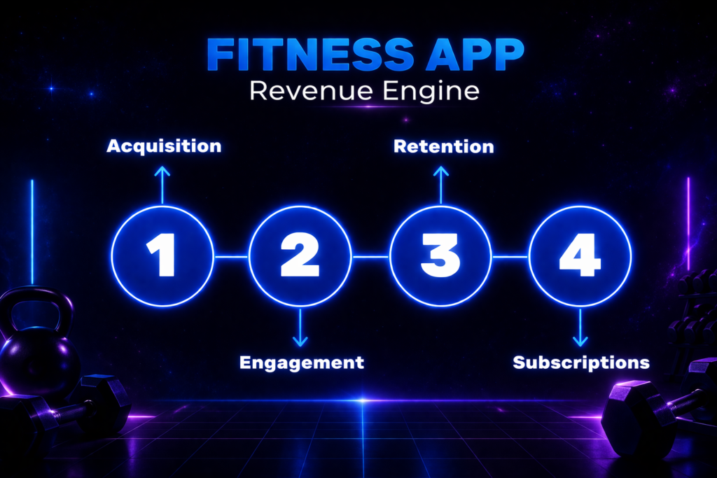 fitness app business plan revenue model showing acquisition engagement retention and subscription monetization flow