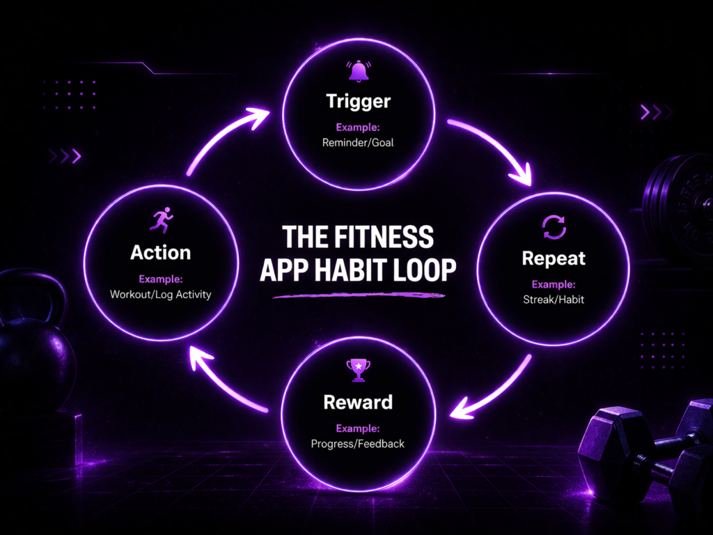 fitness app business plan habit loop showing trigger action reward and repeat cycle for user retention