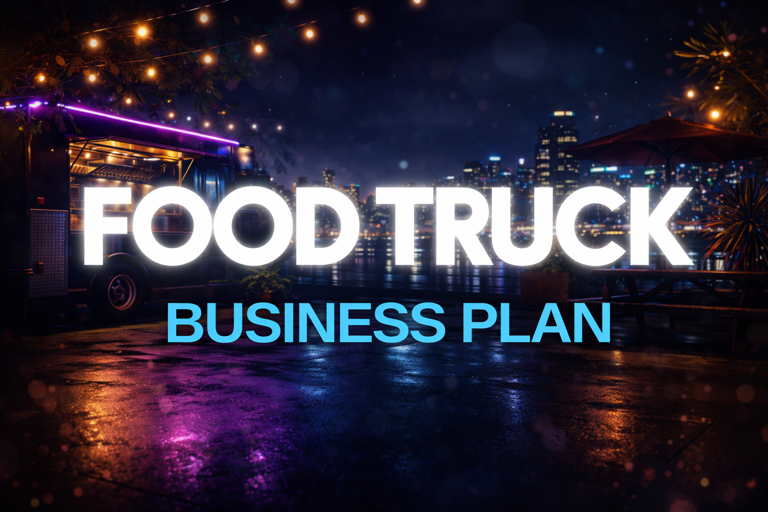 Food truck business plan feature image with neon-lit food truck scene and bold glowing title text for startup planning guide