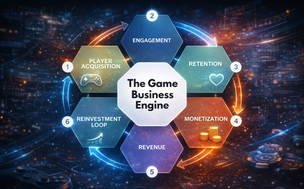 Game business engine diagram showing player acquisition, engagement, retention, monetization, and revenue growth loop
