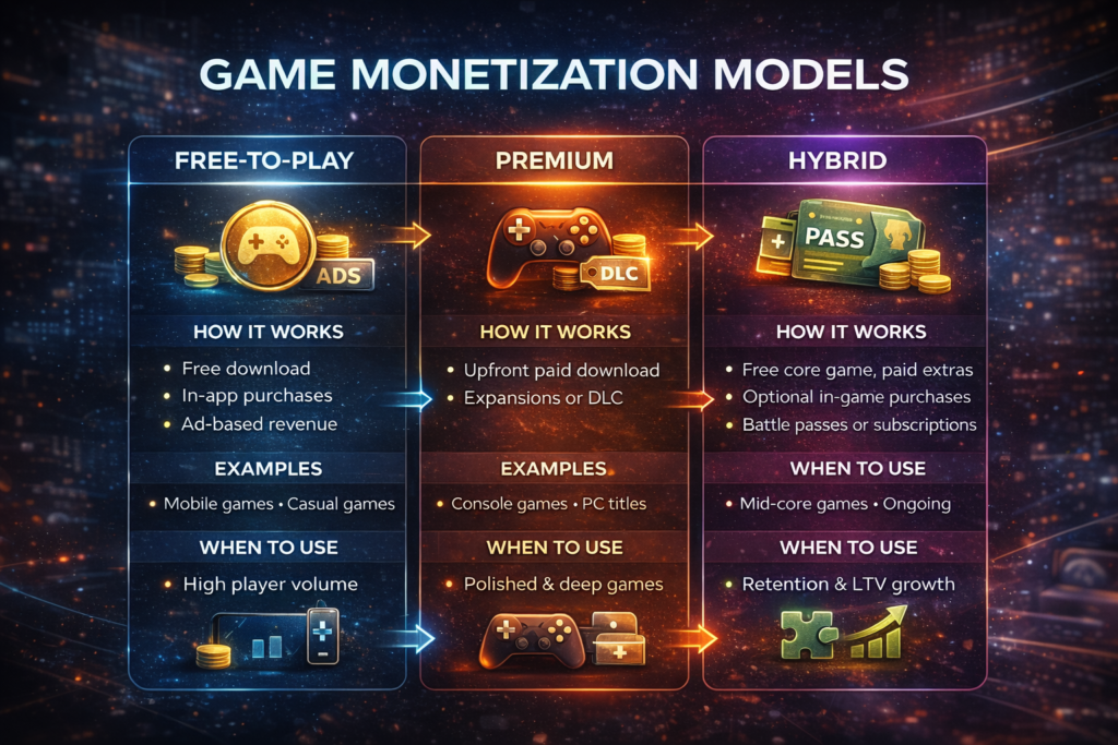 Comparison of game monetization models including free-to-play, premium, and hybrid revenue strategies