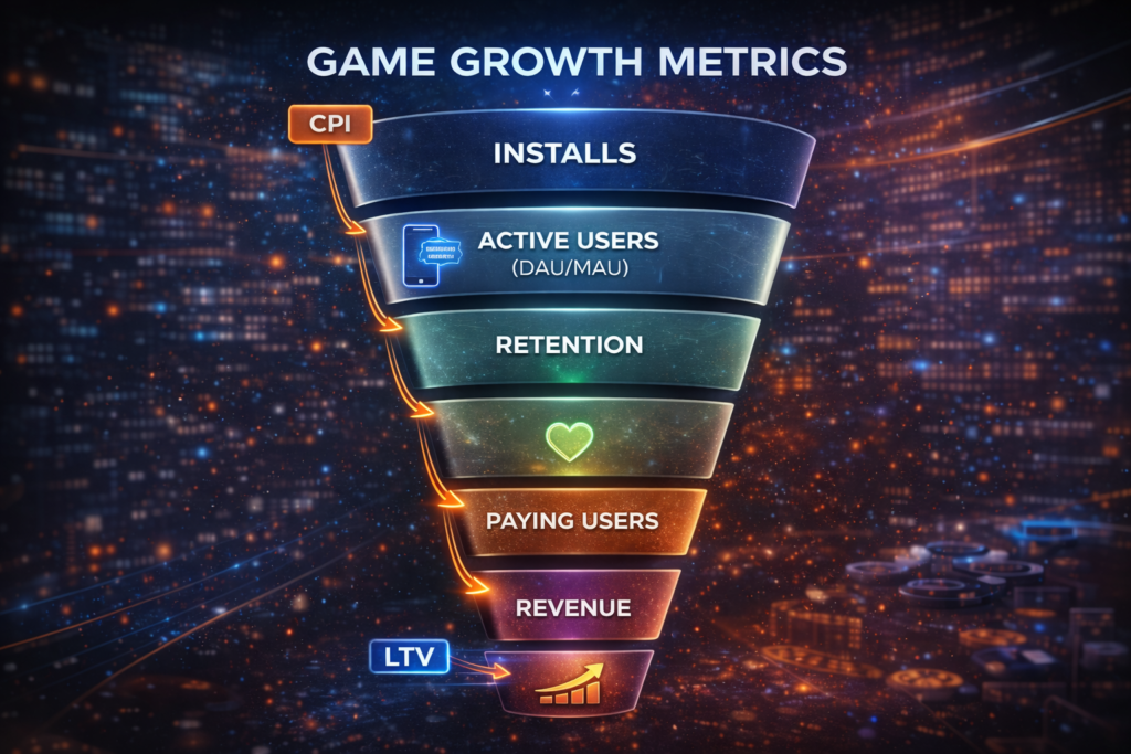 Game growth funnel showing installs, active users, retention, paying users, and lifetime value metrics