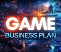 Game business plan feature image with glowing title text over a futuristic gaming background with controller and digital gameplay elements