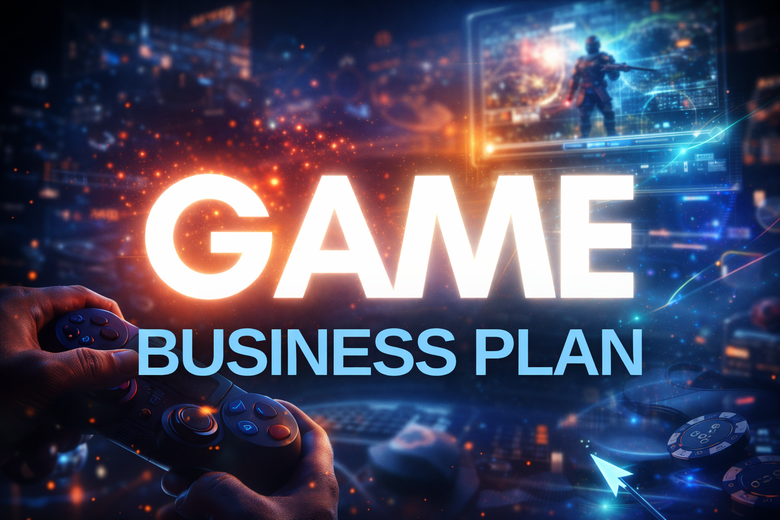 Game business plan feature image with glowing title text over a futuristic gaming background with controller and digital gameplay elements