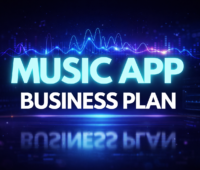 Music app business plan thumbnail with glowing text over a futuristic audio waveform and music technology background