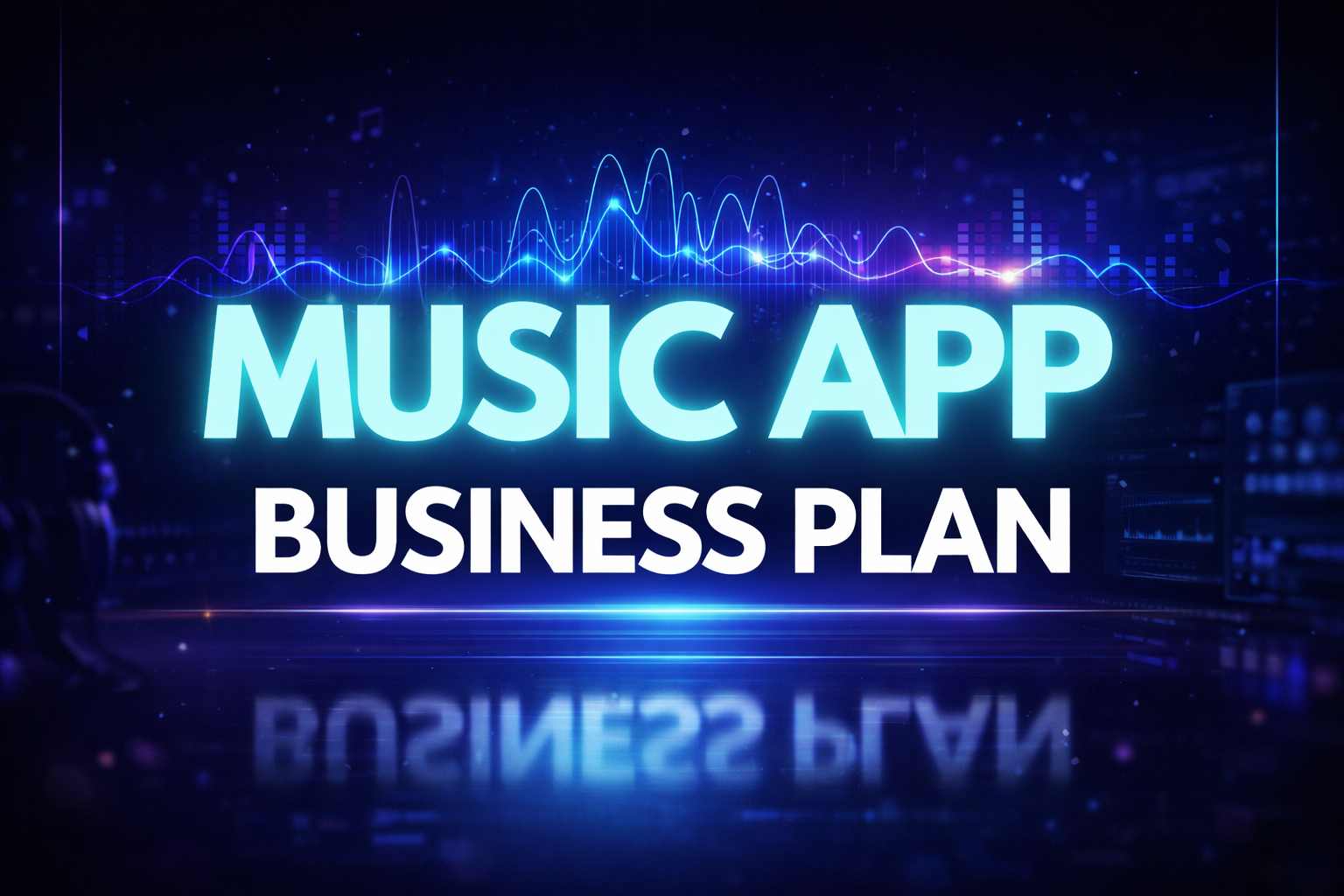 Music app business plan thumbnail with glowing text over a futuristic audio waveform and music technology background