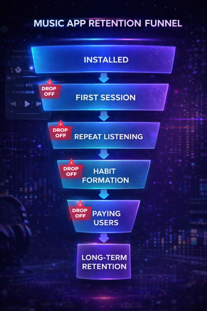 Music app retention funnel showing installs, engagement, repeat listening, paying users, and long-term retention